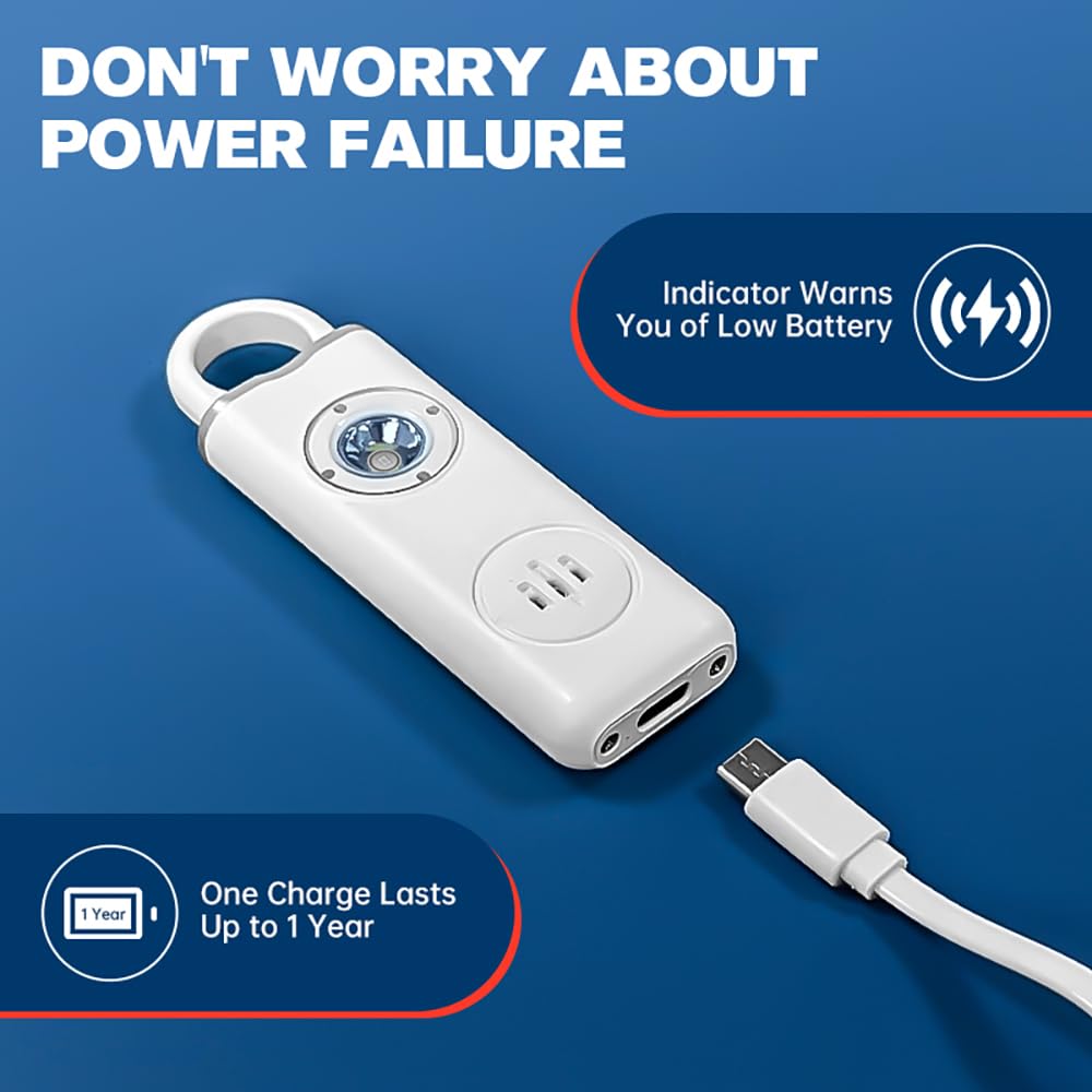 Alarma de seguridad personal recargable, llavero de 130 dB con luz intermitente SOS, peso ligero de 28 g, más de 500 días de espera, alerta fuerte para niñas, niños, ancianos (azul)