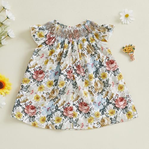 Toddler Girls Summer Dress Casual Floral Print Smocked Fly Sleeves A-Line Dress Sundress Princess Dress4