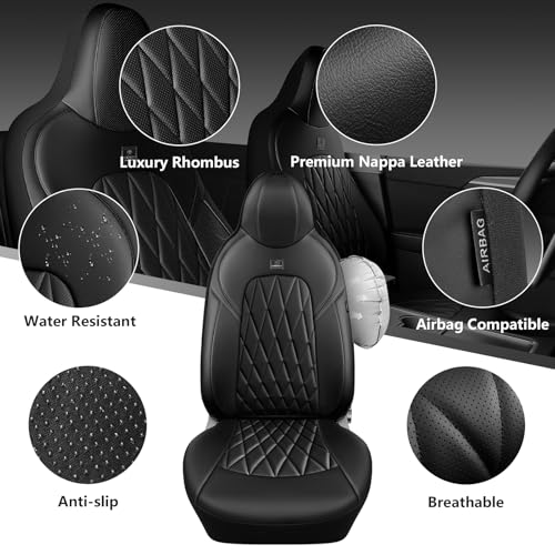 Image of CAR PASS Nappa Leather High Back Front Seat Covers, Tesla Model 3 Model Y Breathable Faux Leather Front Bucket Seat Covers, Anti-Slip Airbag Compatible Universal Fit for Sedan SUV Van Truck, Black