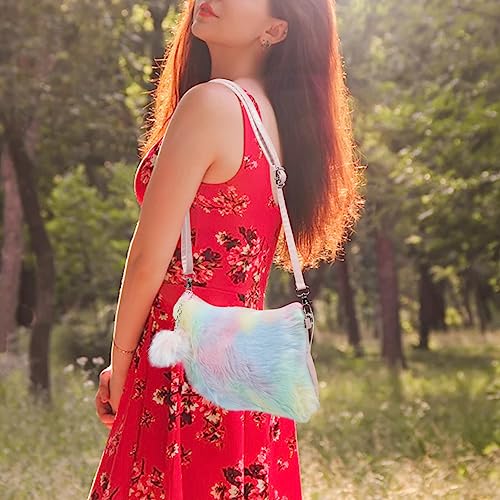 Kichvoe Fluffy Fuzzy Bag Plush Rainbow Crossbody Purse Wallet Girls Shoulder Handbag With Pompom For Travel Party2