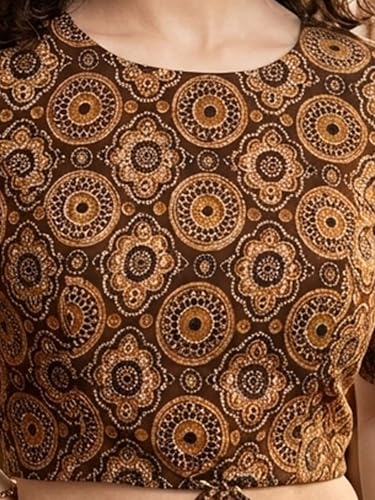 Image of Yash Gallery Women's Cotton Printed Blouse Round Neck Half Sleeve Crop Top Mandala Geometric Print Front Dori with Tassels Side Bobbin Elastic Stretch Fit Ethnic & Casual Wear