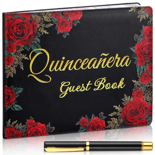 Image of MotiMind Quinceanera Guest Book with Pen 11 x 8 Inch Libro De Firmas Para 15 Anos Quinceanera Leather Hardcover Signature Book Guest Sign in for 15th Party Favors Decoration(Black,Floral)