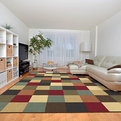 Machine Washable Checkered Design Non-Slip Rubberback 8x10 Traditional Area Rug for Living Room, Bedroom, Kitchen, 8'2