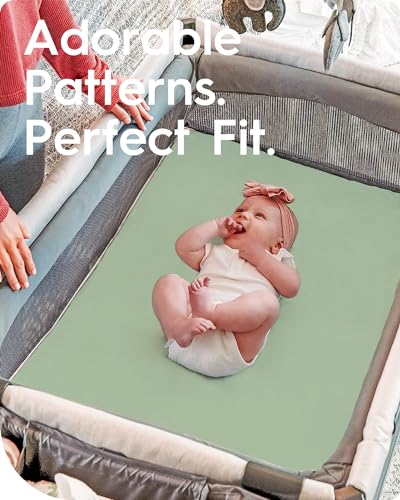 Image of Pack N Play Sheets Fitted for Girls Boys, TotBasic Boho Mini Crib Sheets for Pack and Play /Mini Crib Mattress, Premium Soft Stretchy Jersey for Breathable Comfort - 2 Pack (Sage Green&Botanical Leaf)