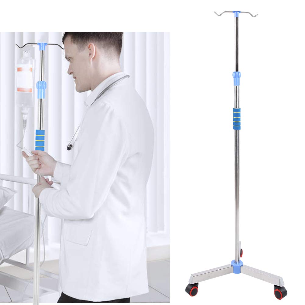 AYNEFY Support Intraveineux Portable en Acier Inoxydable, Support de Sac, pour Perfusion Intraveineuse Réglable, Hauteur Réglable de 109-200 cm, avec 2 Crochets 3 Roues