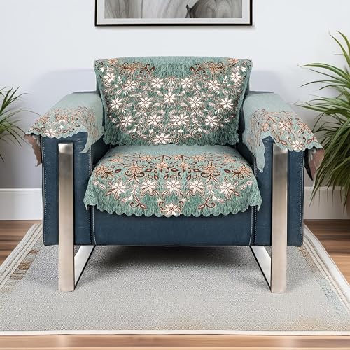 Image of Premium Chenille Woven Anti-Slip 1 Seater Sofa Cover with Arm Rest | L-Shape Sofa Seat Protector for Living Room | Durable & Stylish Slipcover Teal Phoolkari
