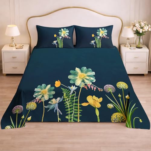 Image of Cloth Fusion Glace Cotton Flat Bedsheet for Double Bed with 2 Pillow Covers (90x100 Inches, Sea View)