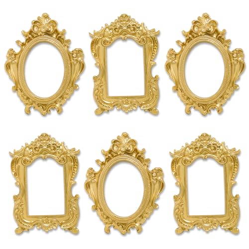 Image of 6 Pcs Mini Gold Frames, Small Vintage Picture Frames Antique Resin Photo Frame for DIY Craft Galley Wall Hanging Jewelry Display Shooting Photo Props Christmas Decor (Without Backings)