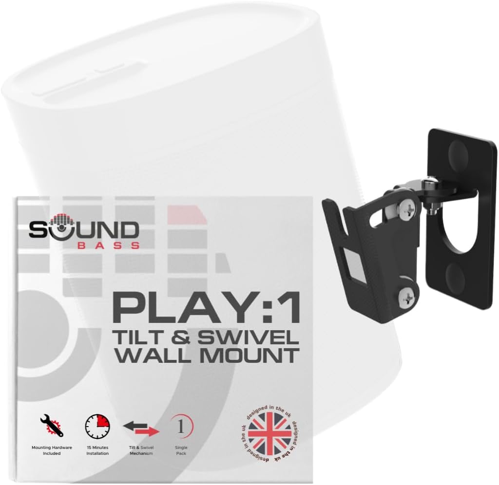 Play 1 Wall Mount Black, Compatible with Sonos Play:1 Only, Adjustable Swivel & Tilt Mechanism, Mounting Bracket Includes All Fixings