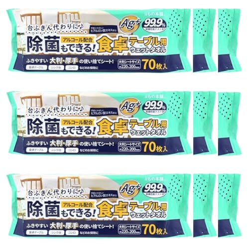 除菌もできる! 食卓テーブル用ウエットタオル アルコールシート 大容量 70枚入×9点セット 厚手 使い捨てふきん ティッシュ