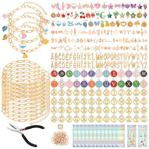 Jupwalz 478 Pcs Gold Charm Bracelet Making Kit for Adults Includes 13 Pcs Paperclip Bracelet Chains Enamel/KC Gold Charms Letter Charms Pliers Storage Box & Gift Bags for DIY Jewelry Crafting