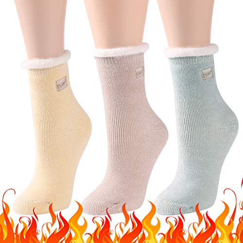 Winter Thermal Insulated Socks, Three street Womens Girls Elite Winter Thick Thermal Warm Cotton Soft Fuzzy Cute Turn Cuff Home Slipper Socks for Vanlentine's Day Gifts 3 Pairs yellow green beige