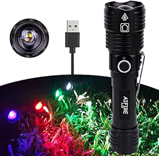 Aifire Best Hunting Flashlights 2022 Adjustable Rechargeable UV, Red, Green, White 4 Color in 1 Tactical Flash Light Ultraviolet Black Light Zoomable LED Hand-Held Flashlight