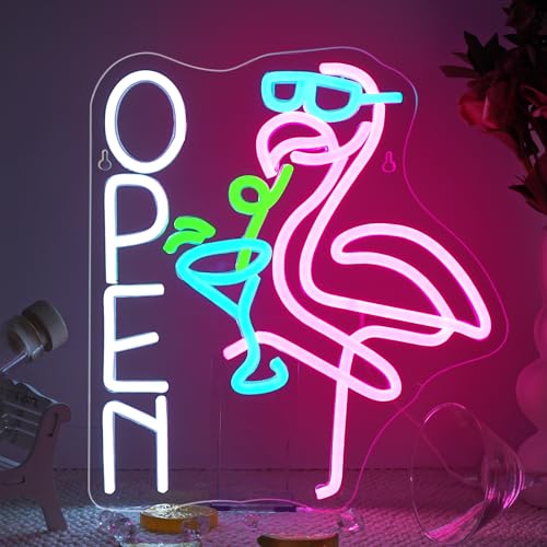 JURONG Flamingo Cocktail “OPEN” Neon Signs for Wall Decor, Dimmable