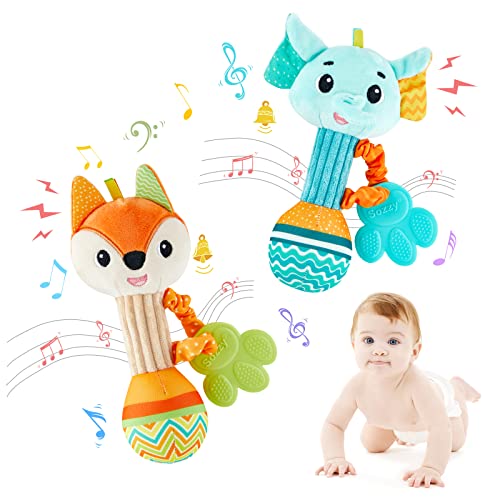 Image of Baby Rattles 0-6 Months，Baby Soft Rattles Shaker，Hand Grab Sensory Shaker,Teething Toys for Babies 6-12 months，Sensory Plush Animal Toys For 0 3 6 9 12 Months Newborn Toys, 2PCS