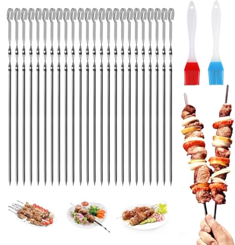 WWYSSZ Pique Brochette Inox 30cm, 24 Pièces Brochettes Inox pour Barbecue, Avec 2 Pinceaux à Huile, BBQ Brochettes à Viande en Acier Réutilisables Brochettes en...