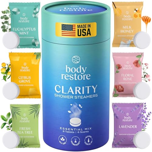 Body Restore Shower Steamers Aromatherapy 6 Pack - Christmas Stocking Stuffers for Men, Birthday Gifts for Women, White Elephant, Relaxation, Self Care - Clarity