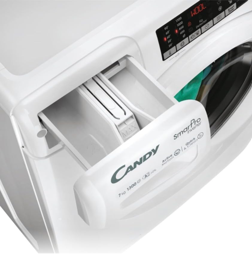 Close-up of the detergent dispenser drawer of the Candy Smart Pro Inverter washing machine.