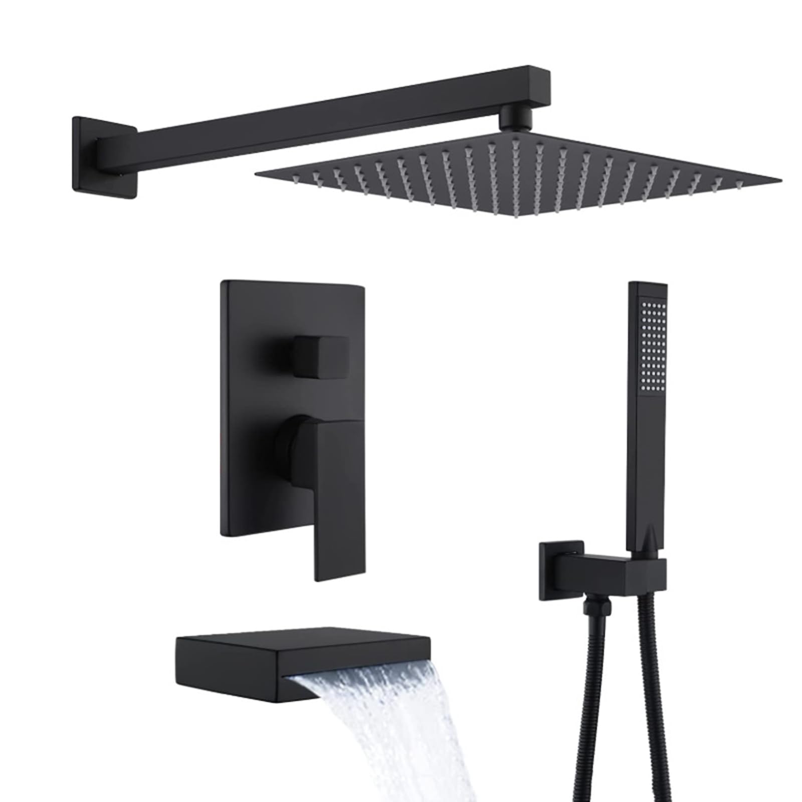Kit de douche cascade de luxe noir mat encastré avec tête rotative 360 LWX
