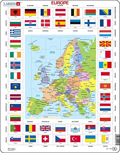 Larsen KL1 Banderas y Mapa político de Europa, edición en Francés, Puzzle de Marco con 70 Piezas
