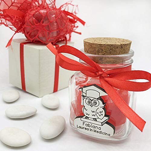 20 x Personalised Graduated Owl Shaped Glass Cake Jar with Cork Stopper and Wood (With Customization-With Orange Package)