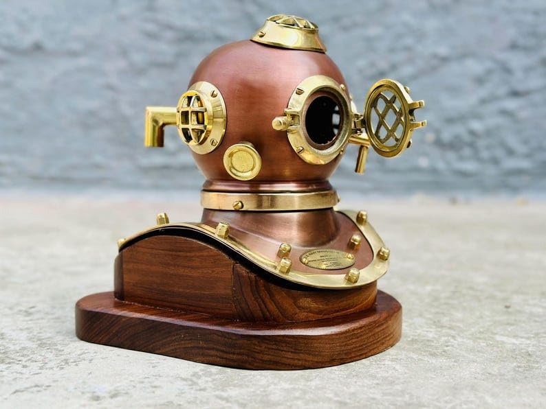 6'' Inch Deep Sea Divers Helmet | Copper Plated Mini Diving Helmet with Wooden Base | Nautical Tabletop Diving Helmet