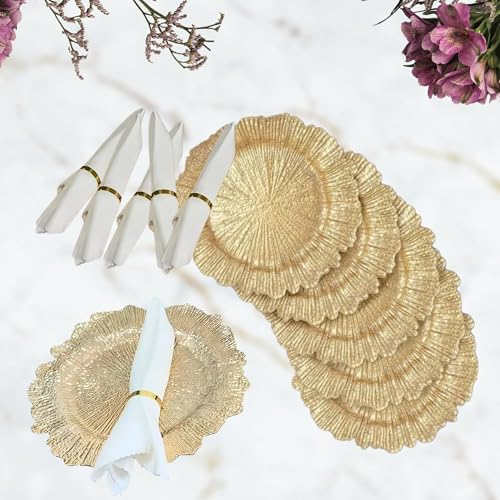 Set de 6 platos cargadores de plástico dorados con servilletas y anillos miniatura 5