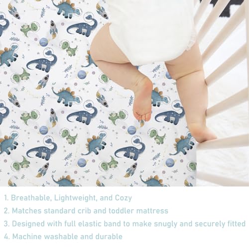 Image of Watercolor Space Dinosaurs Baby Crib Sheet 52''x28'' Cute Dinosaur Rockets Planet Stars Leaves Snug Fitted Crib Mattress Cover for Boy Girl Soft Baby Bed Sheet for Standard Crib and Toddler Mattress