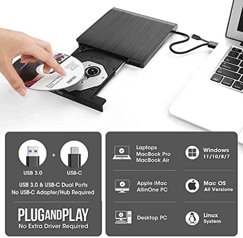 Image of External DVD Drive Player, USB 3.0 USB-C Portable CD /DVD + /-RW Disk Burner, ROM Reader Writer for Laptop Desktop PC