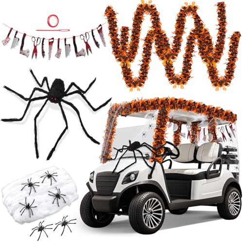 Suncalla 25 Pcs Halloween Golf Cart Decorations Halloween Themed Car Decoration Kit Glitter Tinsel Pumpkin Garland Blood Knife Banner Spider Web Giant Spider For Golf Cart Party Supplies Decor