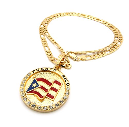 Fashion 21 Puerto Rico Flag Pendant 5mm 24" Figaro Chain Necklace Gold Tone2
