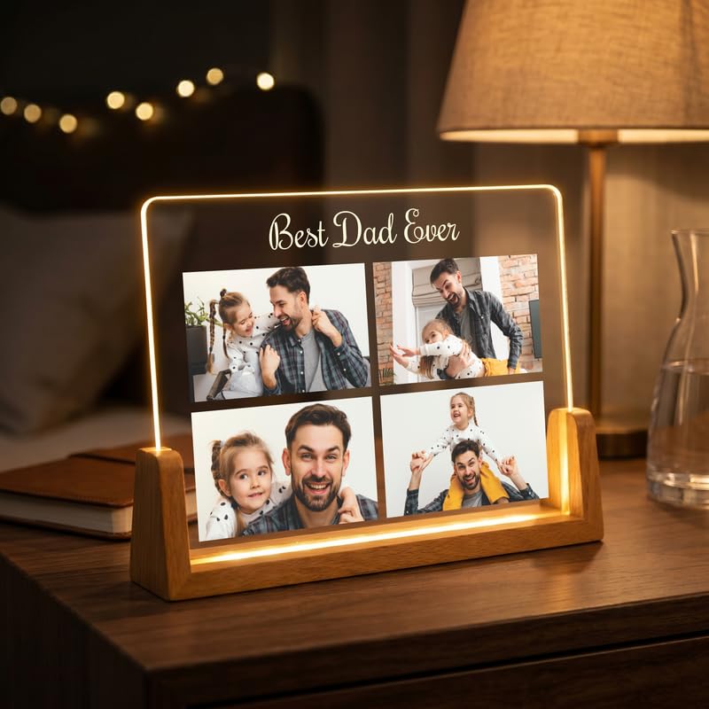 Image of Giftplease Personalized Best Dad Ever Acrylic LED Photo Lamp with Wooden Base | Custom Photo Night Light for Dad | Fathers Day Gift, Birthday Gift for Father, Personalized Desk Decor