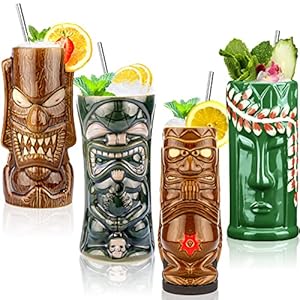Tiki Mokken Glazen Tiki Mok voor Cocktails Set van 4 Grote Keramische Tiki Cups Tropische Hawaiiaanse Party Drankjes Mok Creatieve Bar Drinkware Decor Premium Tropische Exotische Vintage Glazen Barware 4 Packs