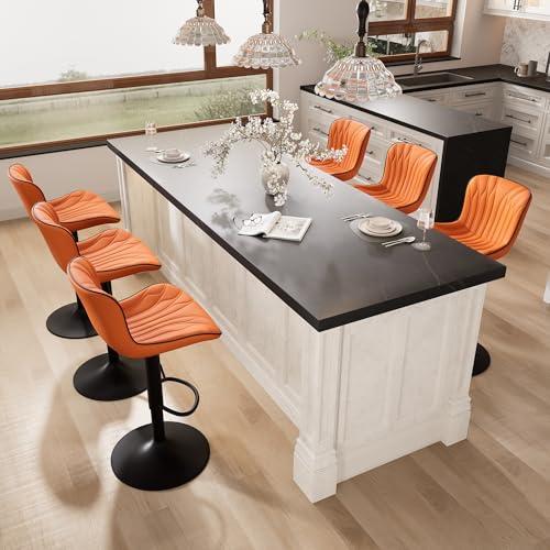 Image of Bar Stools Set of 6 Modern Kitchen Counter Chairs Swivel Barstools Orange | Faux leather upholstered island chairs with high backs & metal base. Adjustable Height, easy to clean & load 300 lbs