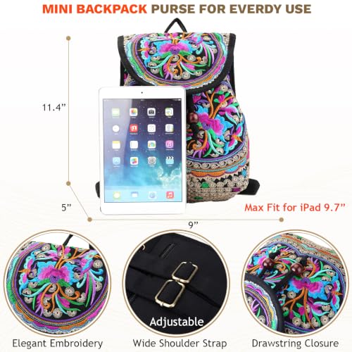Image of Jursccu Embroidered Backpack Purse for Women Small Canvas Vintage Daypack