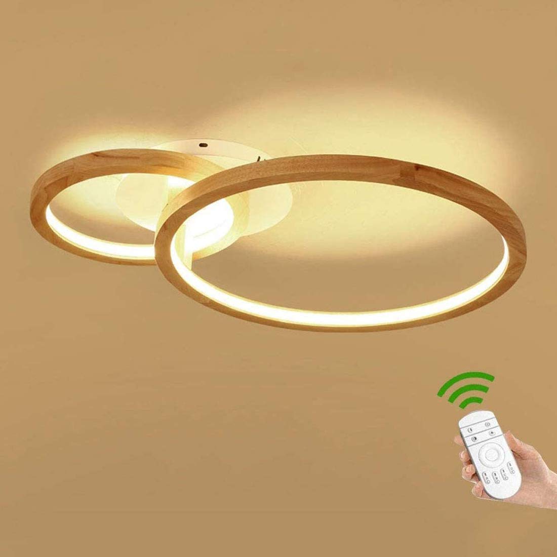 Etage LED-Deckenleuchte Holz, Deckenlampe Wohnzimmer mit Fernbedienung, Schlafzimmer Leuchte, 2-Flammig, Modern Designlampen, Ring Deko Acryl-Schirm, Holzlampe Dimmbar Inkl. Fernbedienung (Ø72*51cm)