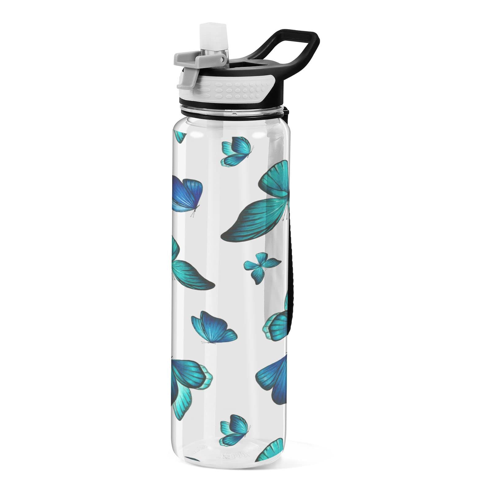 Wasserfarben-blaue Wasserflasche mit Strohhalm, auslaufsichere Tritan-Flasche, BPA-frei, transparente Wasserflasche für Fitness, Outdoor, Fitnessstudio, Reisen, 900 ml