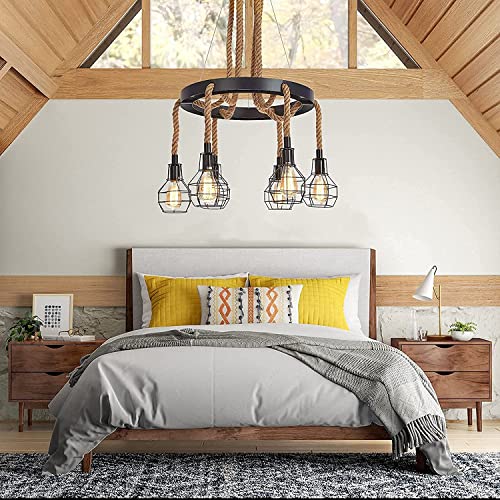 Vintage Rope Chandelier, Retro Steampunk Ceiling Pendant Light With Cage Shades For Kitchen Island, 6-Head Industrial Farmhouse Ceiling Light Multiple Adjustable Hanging For Dining Room Table Bar steampunk buy now online Vintage Rope Chandelier, Retro Steampunk Ceiling Pendant Light With Cage Shades For Kitchen Island, 6-Head Industrial Farmhouse Ceiling Light Multiple Adjustable Hanging For Dining Room Table Bar steampunk buy now online