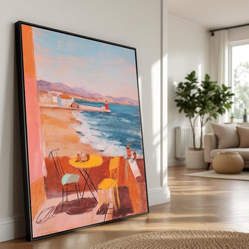 Peinture balcon bord de mer et table jaune sur grande toile 50x75cm