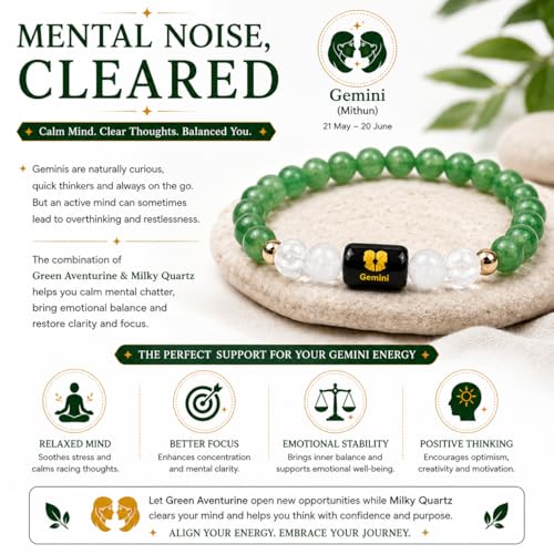 Image of Gemini Zodiac Bracelet (मिथुन राशि) for Men & Women | Green Aventurine & Milky Quartz Crystal Bracelet for Emotional Balance, Focus & Positive Energy | Astrology Healing Bracelet Gift