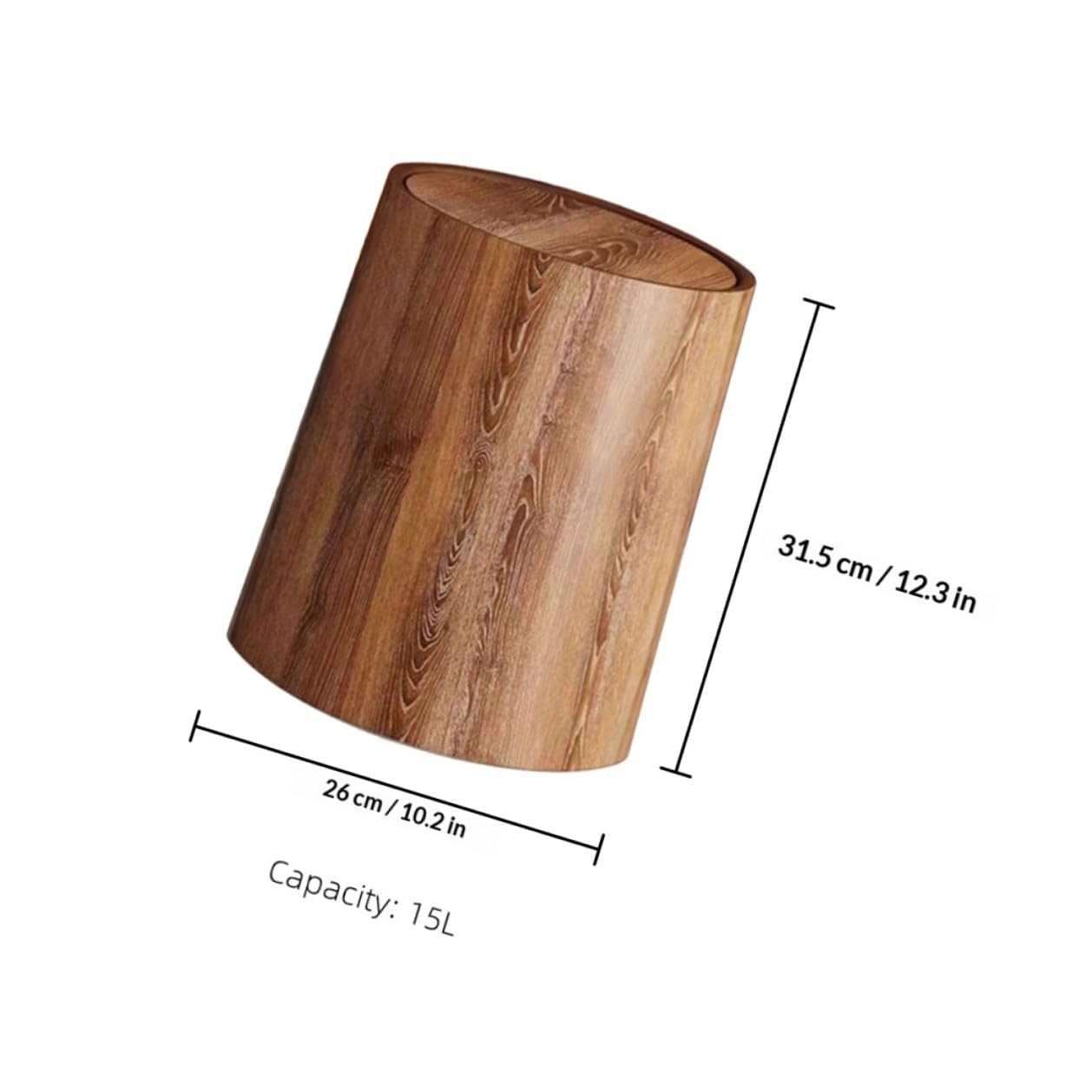 Kichvoe Papelera de Plástico Pp Imitación Madera 15l Tapa Abatible para Hogar y Oficina, Cubo de Basura Grande Decorativo para Baño, Sala y Dormitorio, Bote Resistente y Fácil de Limpiar