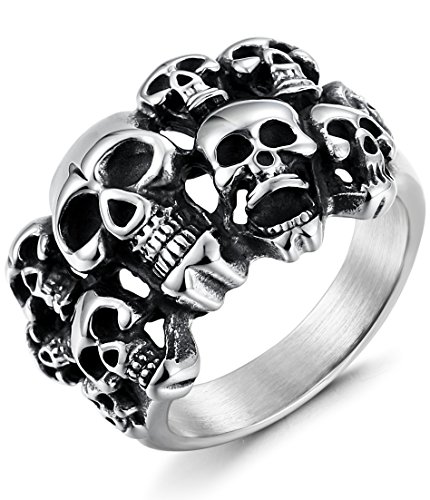 FIBO STEEL Stainless Steel Rings for Men Women Multi Skull Head Rings,Size 9