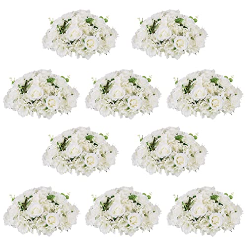 NUPTIO Flower Ball Arrangement Bouquet - 10 Pcs 15.7 inch Diameter White Fake Flowers Roses Balls for Centerpieces Tables - Artificial Rose Arrangements for Wedding Centerpiece Table Decorations