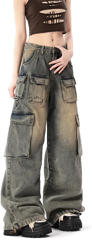 Y2K Baggy Cargo Pants for Women Men Low Rise Grunge Jeans Wide Leg Multi Pocket Clothes Goth Hip Hop Loose Streetwear - Image 2