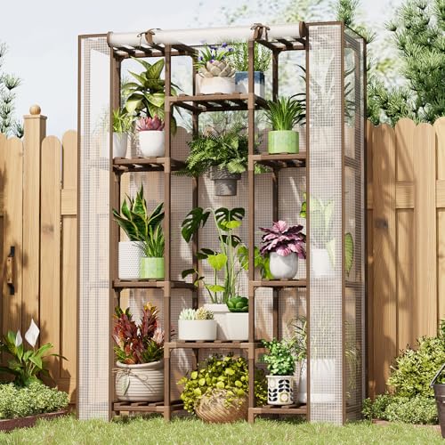 10-Tier Indoor/Outdoor Wood Plant Stand Greenhouse w/ Cover (White) - image 1