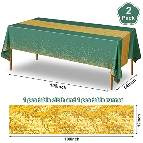 Image of Irenare 2 Pcs Green and Gold Tablecloth and Sequin Table Runner Set Polka Dots Confetti Table Cover Dining Plastic Tablecloths Glitter Decorations for Birthday Wedding Anniversary Party Supplies