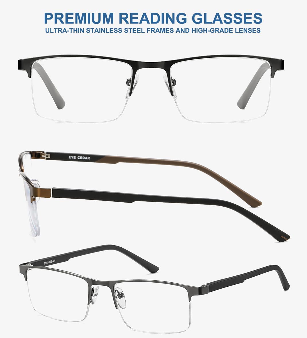 EYECEDAR 5 Pack Premium Blue Light Blocking Reading Glasses Men Metal Half Frame Spring Hinges Computer Readers for Men and Women 1.5 - Image 8