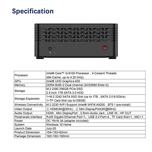 Desktop Computer Processore Intel Core i3-9100 | Mini PC 16GB RAM 256GB PCIe SSD + 1TB HDD | Windows 10 64-Bit |Display HDMI e Mini DP | Intel WIFI6 AX200 BT 5.1 | USB3.0 x 4 | Piccolo Formato