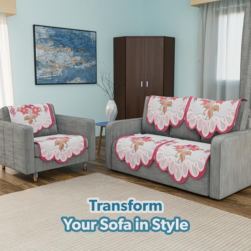 Image of Kuber Industries (Set of 6) Stylish & Durable Cotton Sofa Covers 2+1 Seater | Washable Sofa Protector /Mat & Slipcover for Living Room & Office | Painting Design-White & Pink