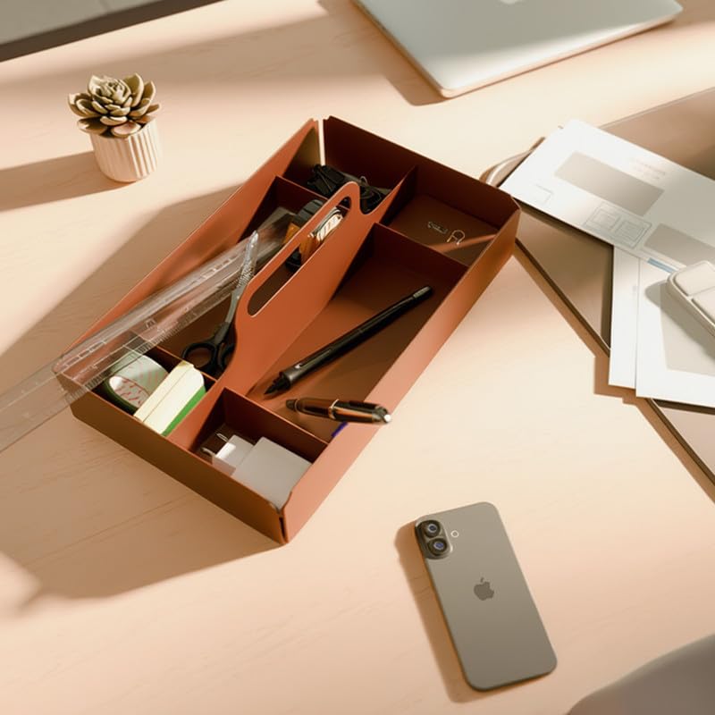 aline7 Multi-Purpose Desk Kit Organizer Metal - Cosmetic, Vanity, Office, Stationery Holder, Grooming Tools Storage Box, Countertop Organizer for Office, Home, Bathroom_Brown 2